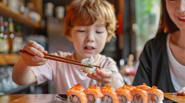 Free photo close up on kid eating sushi