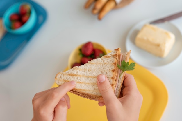 Close up kid holding sandwich