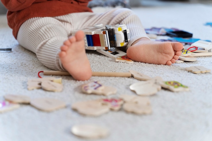 Free Photo close up kid with car and wooden toys