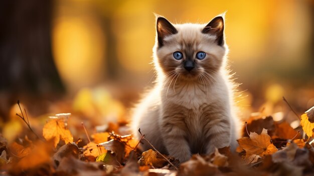 Close up on kitten in autumn leaves