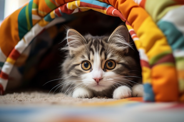 Free photo close up on kitten in house tent