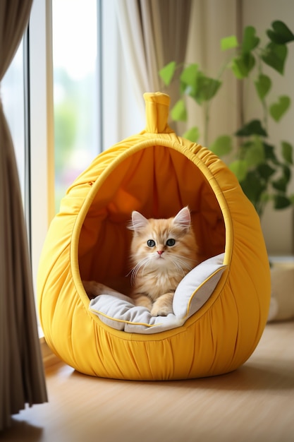 Free photo close up on kitten in house tent