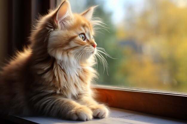 Close up on kitten looking on window