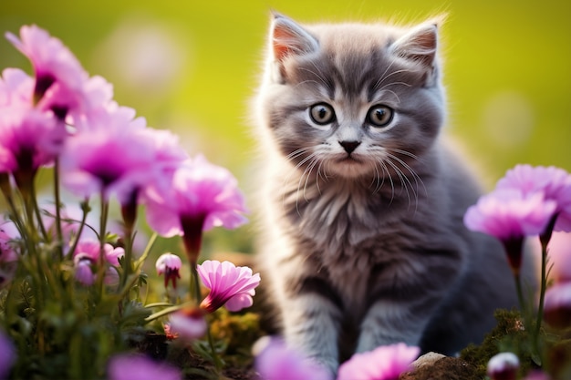 Foto gratuita primo piano sul gattino circondato da fiori