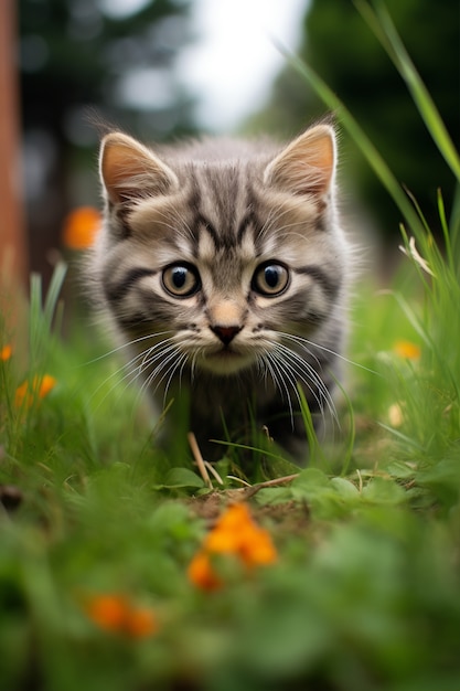 Close up on kitten surrounded by flowers