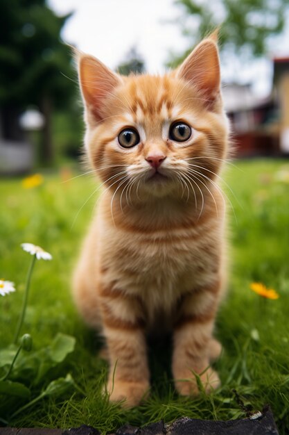 꽃으로 둘러싸인 새끼 고양이를 가까이서 보세요