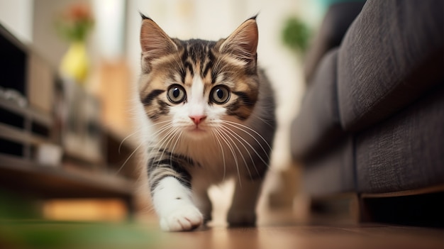 Foto gratuita primo piano sul gattino che cammina in casa
