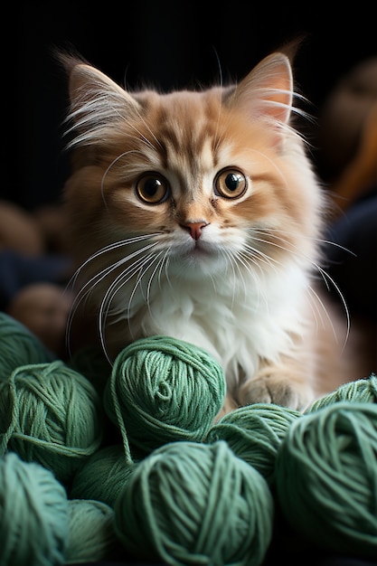 Close up on kitten with balls of yarn