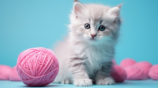 Close up on kitten with balls of yarn