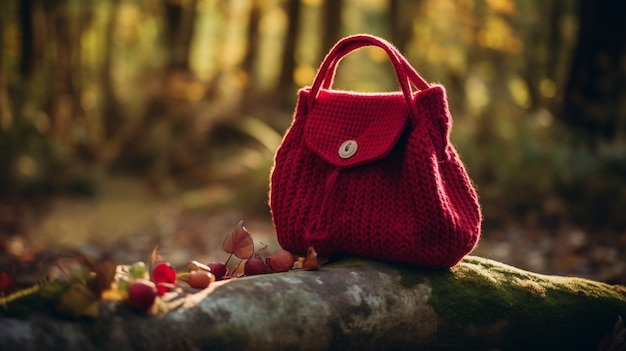 Close up on knitted bag in nature