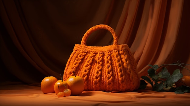 Close up on knitted bag still life