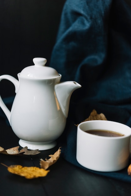 Close-up leaves near teapot and cup