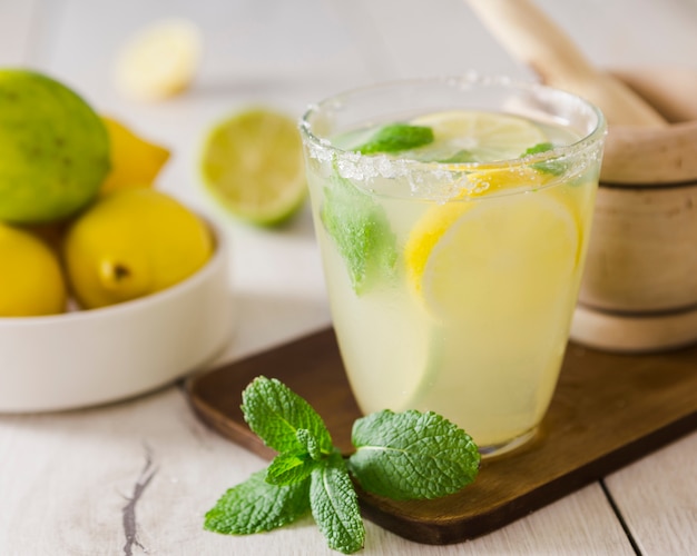 Close-up of lemonade glass with mint