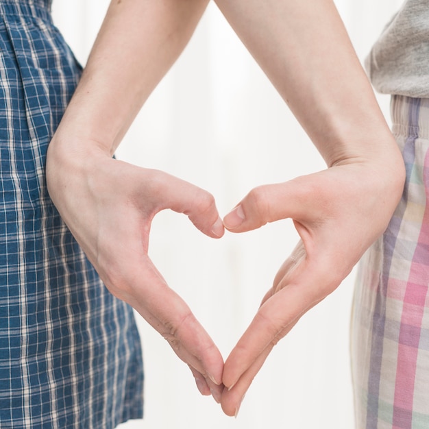 Free photo close-up of lesbian couple's hand making heart shape