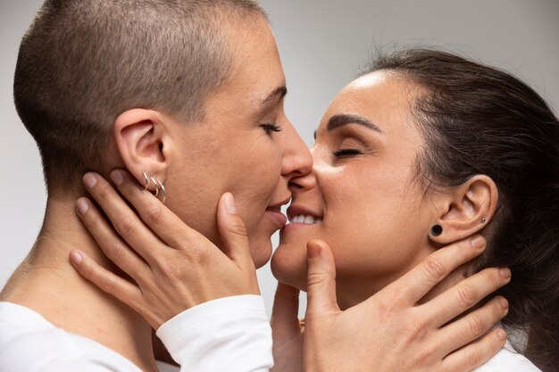 Close up lesbian women kissing