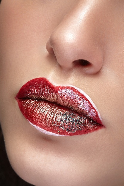 Close up lips with professional make up and lipstick. Salon and make up. Glamour