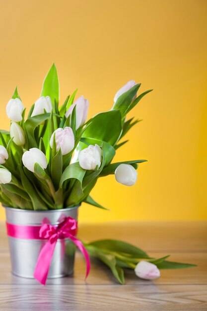 Close up lovely bouquet of bright tulips