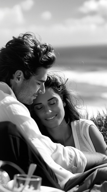 Close up lovely couple enjoying picnic