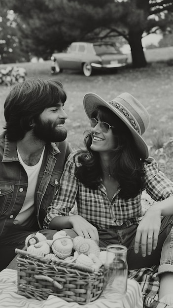 Close up lovely couple enjoying picnic