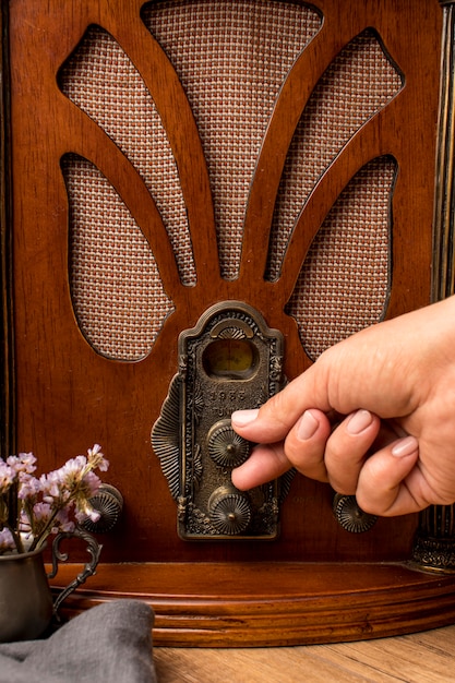 Close-up luxury vintage broadcast radio receiver