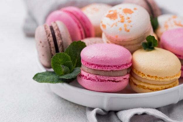 Close-up of macarons in bowl with mint