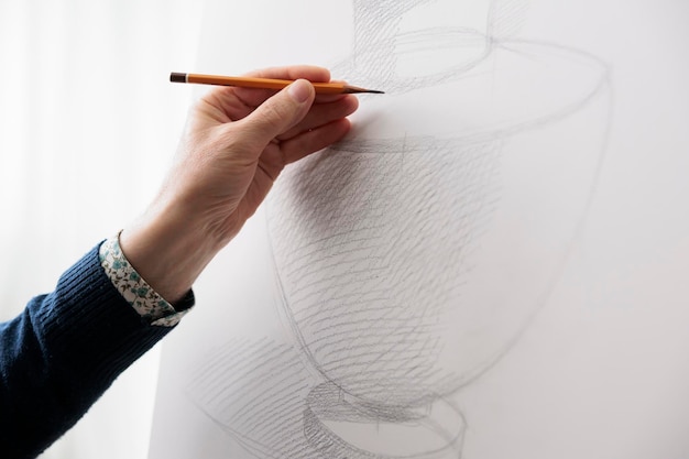 Primo piano della mano maschile che tiene il disegno a matita su tela, il vaso di schizzi, le persone che sviluppano ed esprimono creatività creatività al laboratorio d'arte. artista di talento che crea uno schizzo prima di dipingere