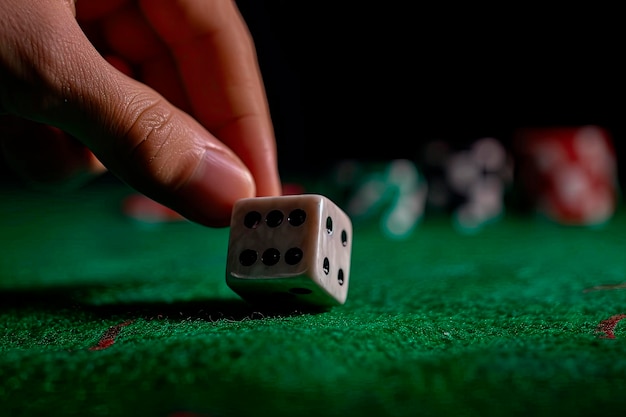 Foto gratuita primo piano della mano maschile che lancia i dadi sul tavolo da poker verde con sfondo nero