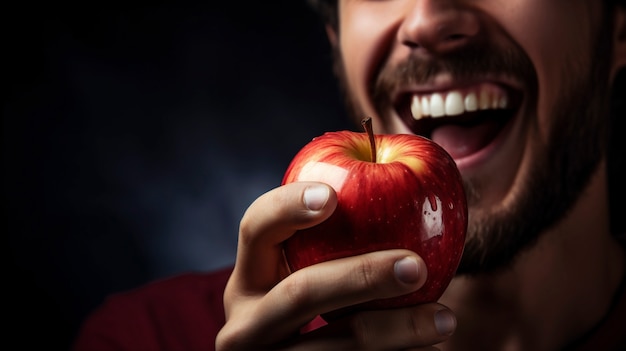 Крупный план человека, поедающего красное яблоко