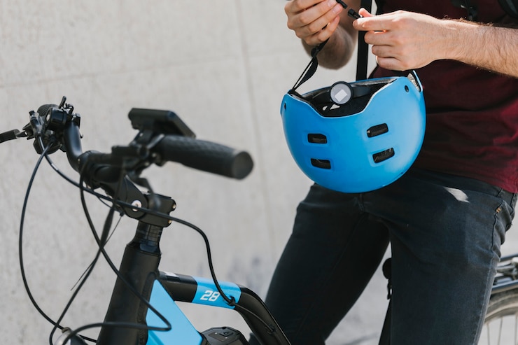 Free Photo close up man holding helmet on bicycle