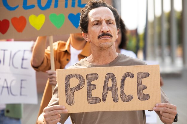 Close up man holding peace banner