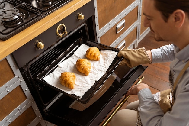 Close up man holding tray