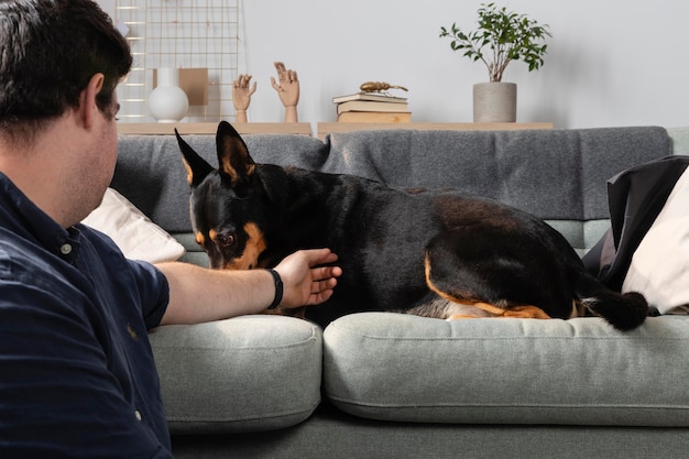 犬をかわいがる男のクローズアップ