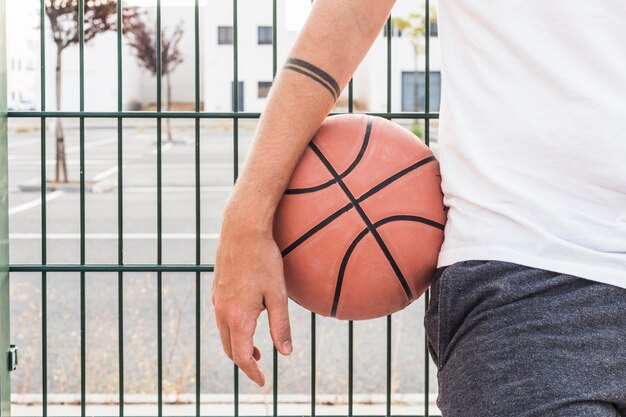 Close-up of a man's hand with basketball in front of fence