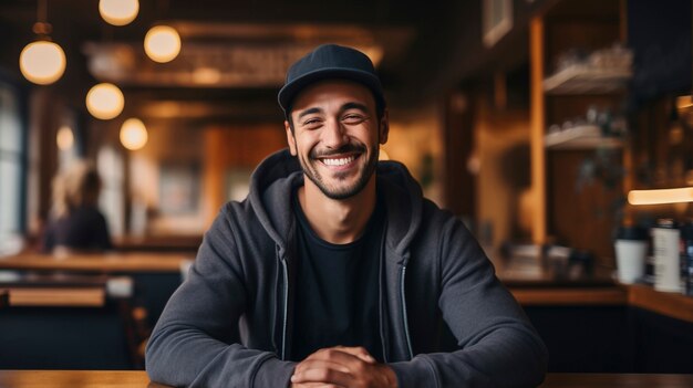 Close up on man smiling in cafe