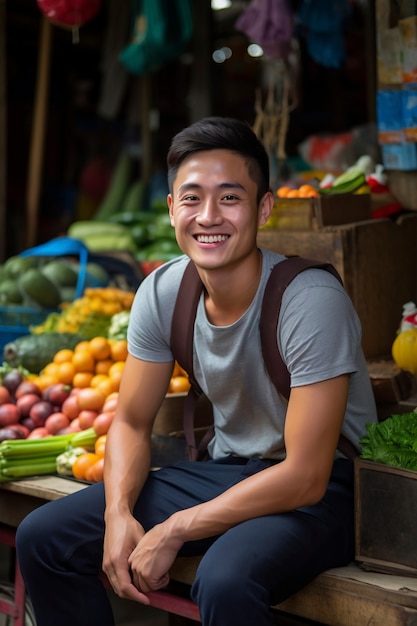 Primo piano sull'uomo sorridente nel mercato