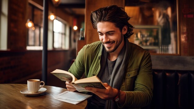 本を読みながら微笑む男の接写