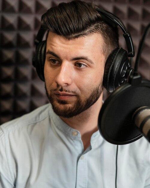 Close-up man wearing headphones