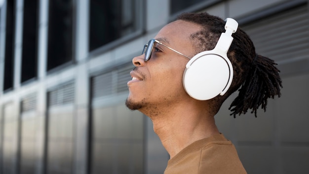 Close up man wearing headphones