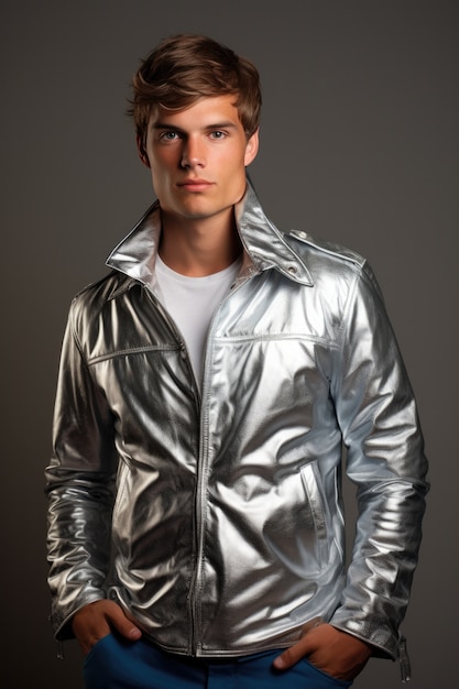 Close up on man wearing metallic jacket