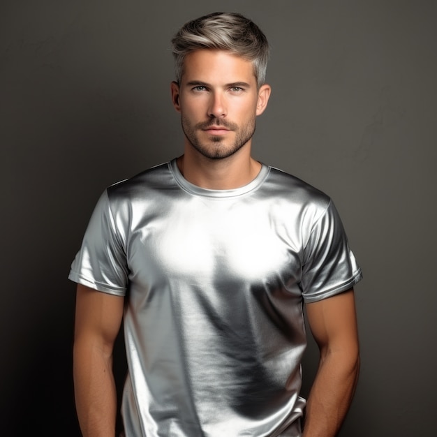 Close up on man wearing metallic t shirt