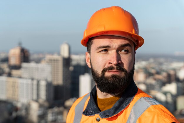 Close up man wearing protection helmet