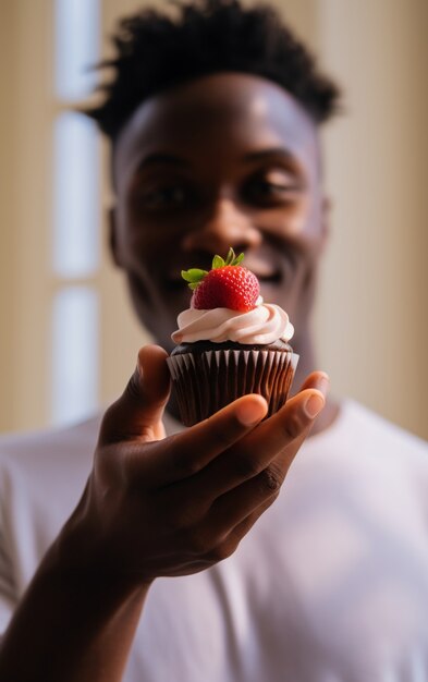 Close up on man with delicious cupcake