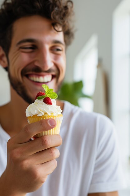 おいしいカップケーキを持つ男のクローズ アップ