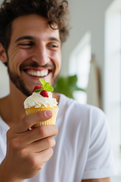 Close up on man with delicious cupcake