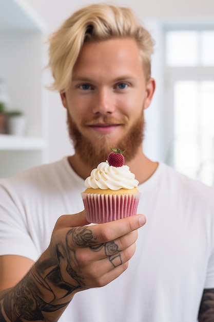 Foto gratuita primo piano sull'uomo con un delizioso cupcake