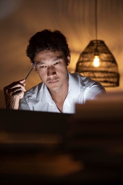 close up man working at nighttime