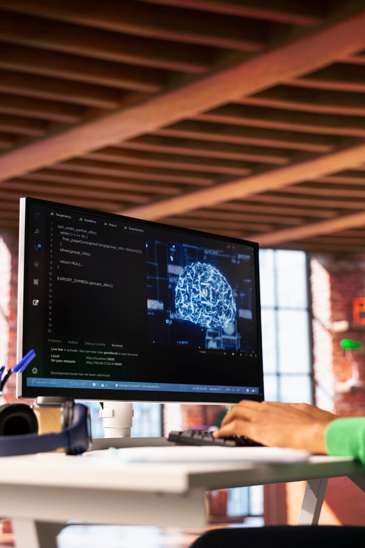 Free Photo close up of man working in tech support doing checkup on ai systems