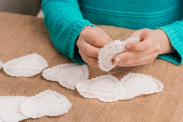 Close-up manufacturer embroidery white hearts 