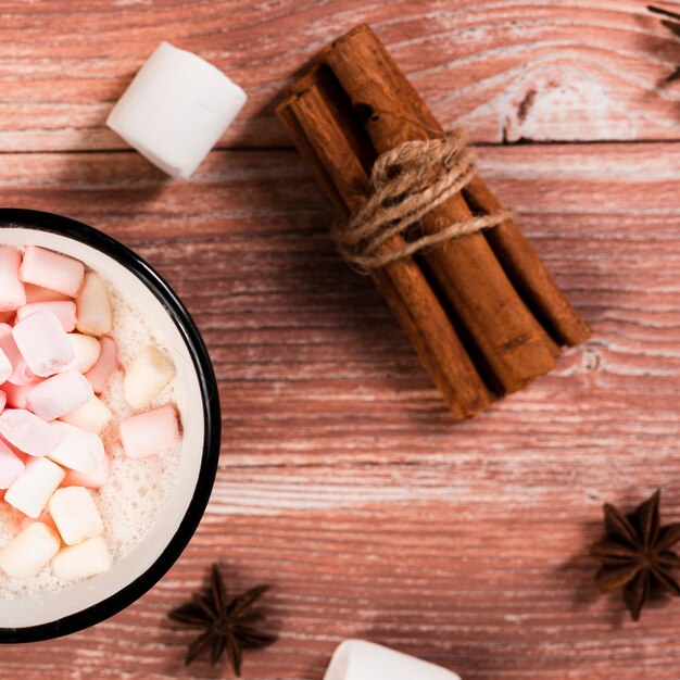 Close-up of marshmallow drink and cinnamon