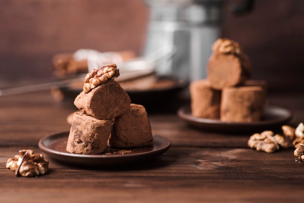 Close-up marshmallows covered in cocoa powder